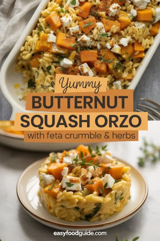 Creamy butternut squash orzo with feta and herbs in a rustic bowl.