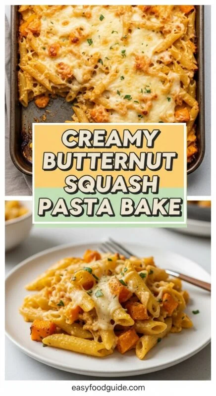 Creamy butternut squash pasta bake topped with cheese and sage leaves in a rustic dish.