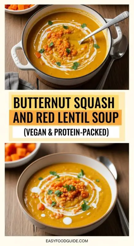 A bowl of creamy butternut squash and red lentil soup garnished with cilantro on a rustic table with bread.