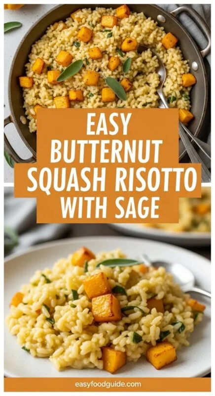 Creamy butternut squash risotto with roasted squash and sage, garnished with Parmesan cheese in a cozy kitchen.