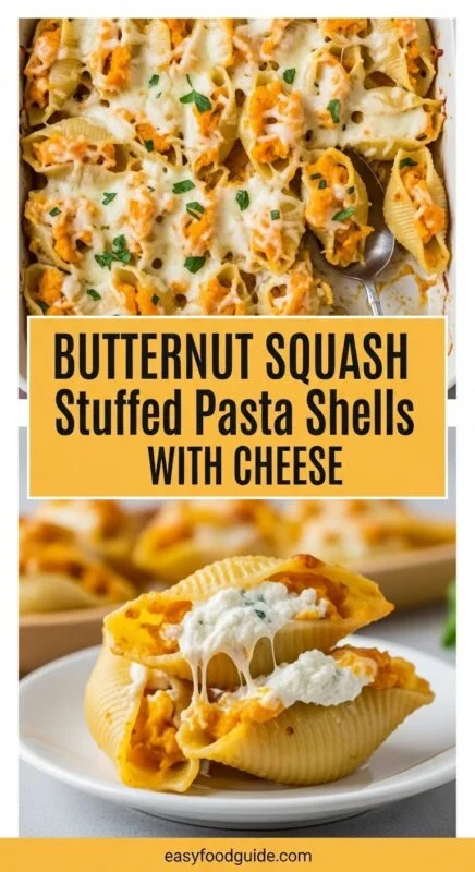 Stuffed pasta shells filled with butternut squash and cheese, baked until golden, served in a rustic dish.