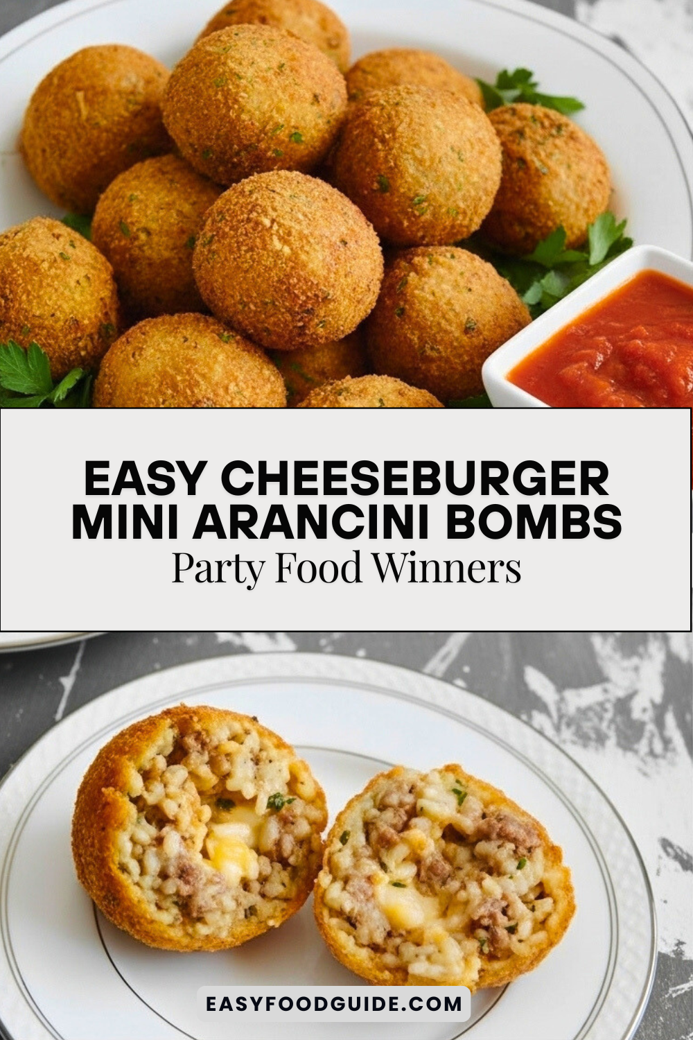 Golden-fried Easy Cheeseburger Mini Arancini Bombs on a platter, garnished with parsley and dipping sauce.