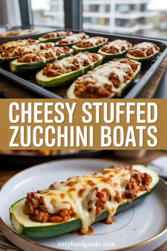 Cheesy stuffed zucchini boats with ground beef and melted cheese on a plate, garnished with herbs.