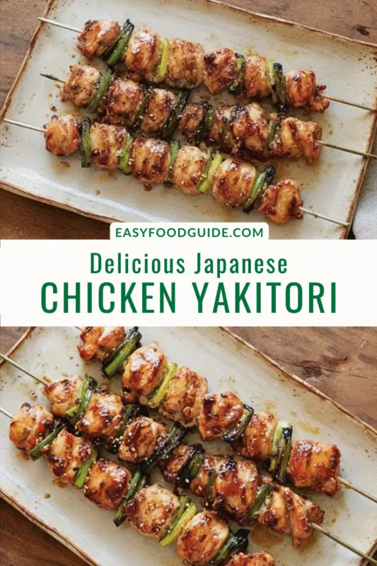 Grilled chicken yakitori skewers glazed with soy sauce, garnished with green onions, on a wooden board with dipping sauce.