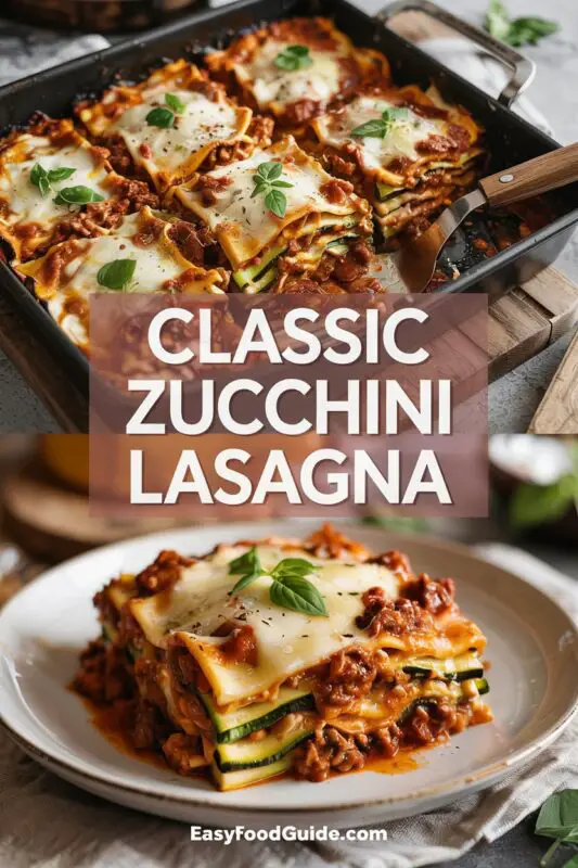 A hearty slice of zucchini lasagna with layers of cheese, meat sauce, and zucchini, garnished with basil.
