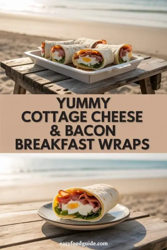 Cottage cheese and bacon breakfast wrap cut in half, showcasing filling.