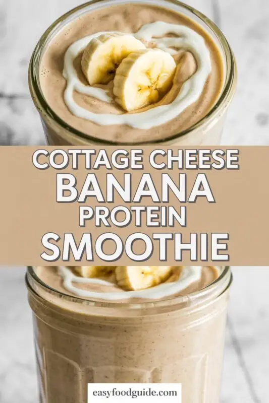 A creamy Cottage Cheese Banana Protein Smoothie in a glass, garnished with a banana slice, surrounded by fresh bananas and protein powder.