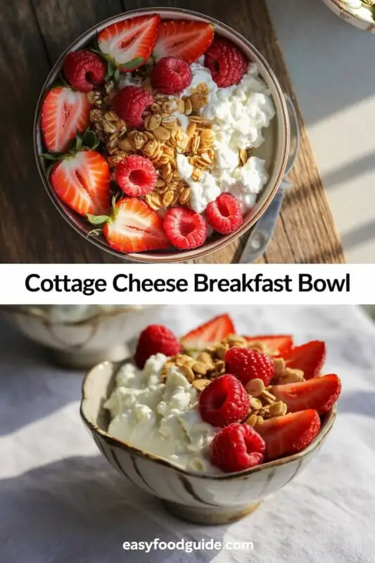 Cottage cheese breakfast bowl with strawberries, raspberries, and granola on a wooden table.