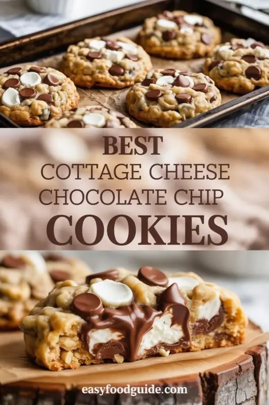 A plate of golden brown Cottage Cheese Chocolate Chip Cookies with melted chocolate chips, served with a glass of milk.