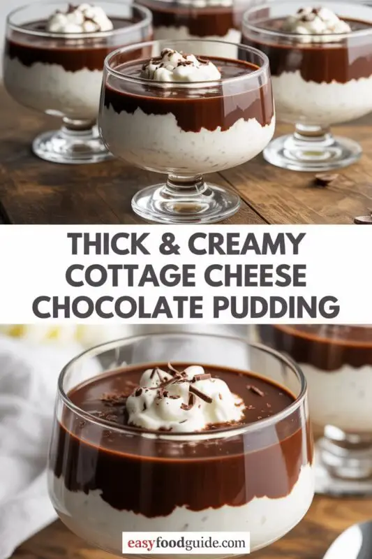 Thick and creamy cottage cheese chocolate pudding topped with whipped cream and chocolate shavings.