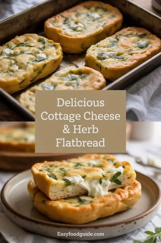 Golden brown Cottage Cheese & Herb Flatbread on a wooden board with fresh herbs and a bowl of dip.