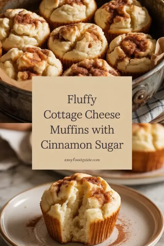 Fluffy cottage cheese muffins with cinnamon sugar on a rustic plate, accompanied by a cup of coffee.