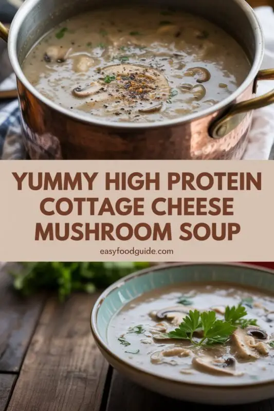 A cozy bowl of high protein cottage cheese mushroom soup with mushrooms and parsley on a rustic table.