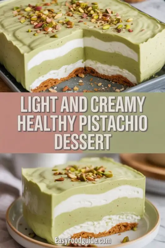 Healthy pistachio dessert in jars topped with crushed pistachios and whipped topping on a wooden table.
