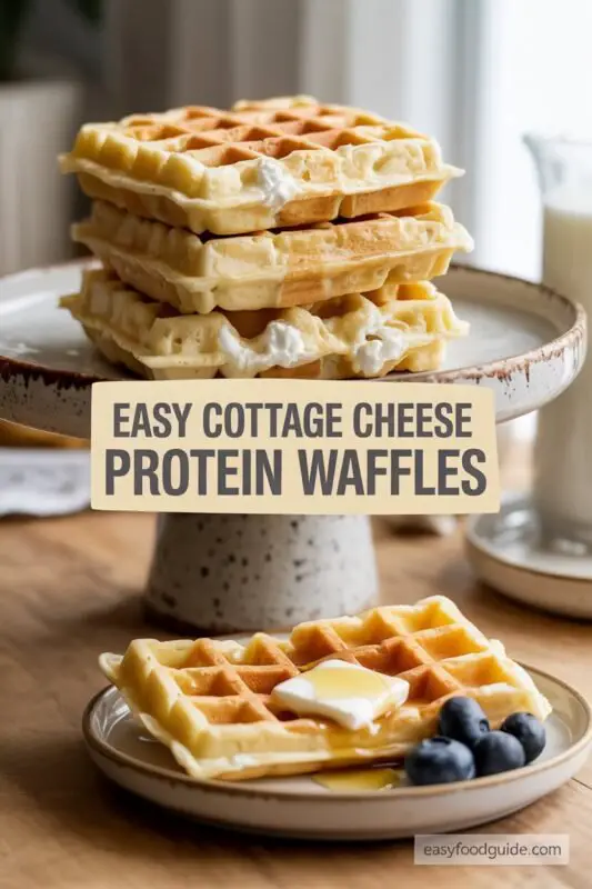 A stack of cottage cheese waffles topped with berries and honey on a rustic wooden table.