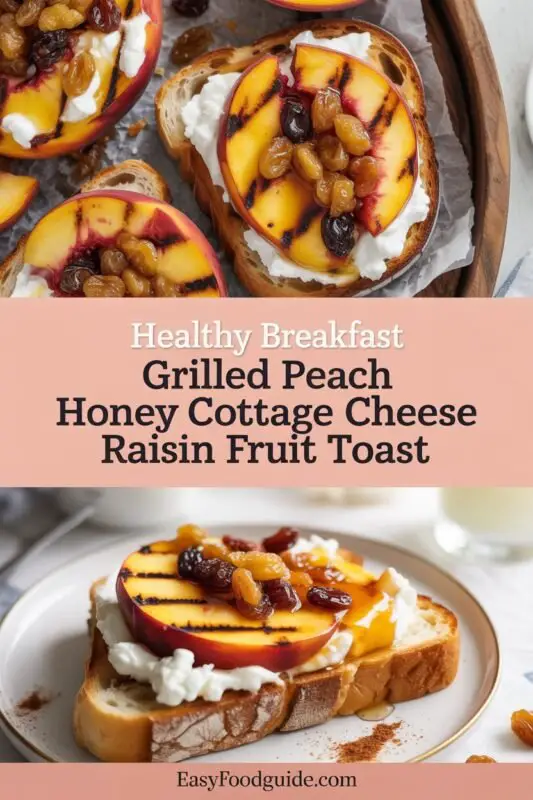 Healthy grilled peach and cottage cheese toast topped with honey and raisins on a wooden table.