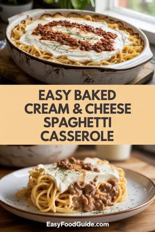 A baked spaghetti casserole with layers of cheese and meat sauce, served in a rustic dish.