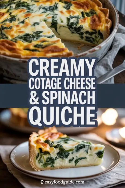 Slice of cottage cheese and spinach quiche on a plate, garnished with spinach leaves.