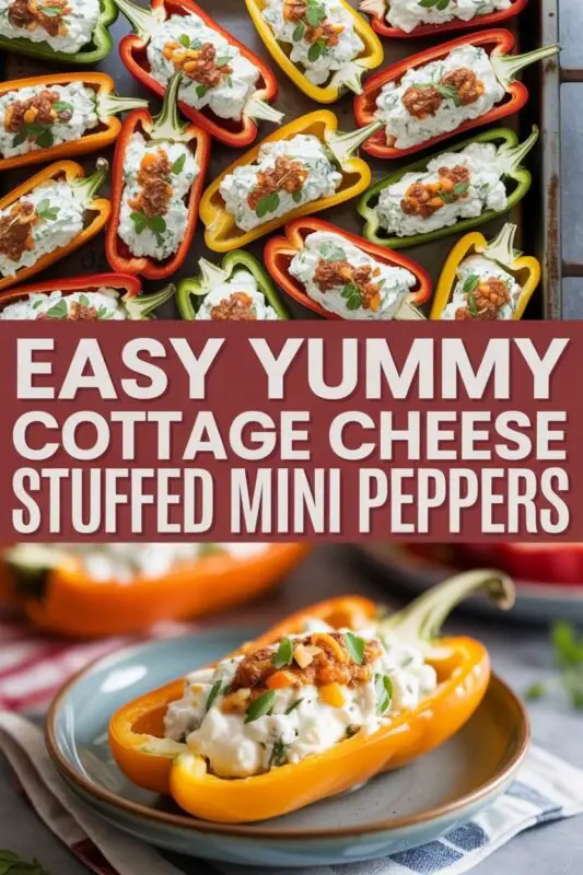 Colorful mini sweet peppers stuffed with cottage cheese mixture on a rustic wooden table.