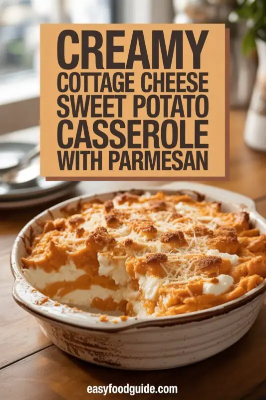 Creamy sweet potato casserole topped with Parmesan cheese, served in a rustic dish on a cozy dining table.