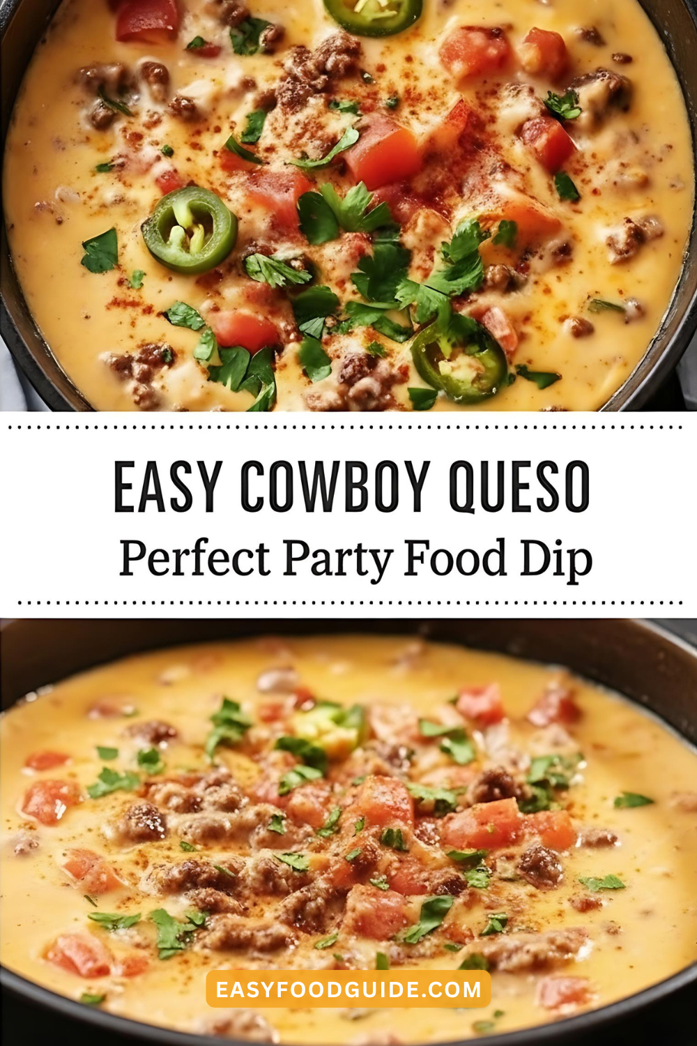 A bowl of creamy Cowboy Queso with cilantro and jalapeños, served with tortilla chips and mini bell peppers on a wooden table.