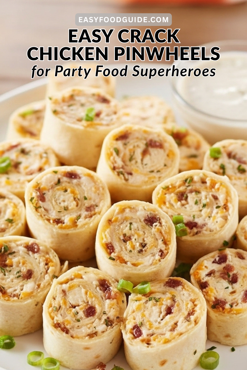 A close-up of a sliced Chicken Pinwheel with creamy filling and golden tortilla, surrounded by blurred pinwheels.