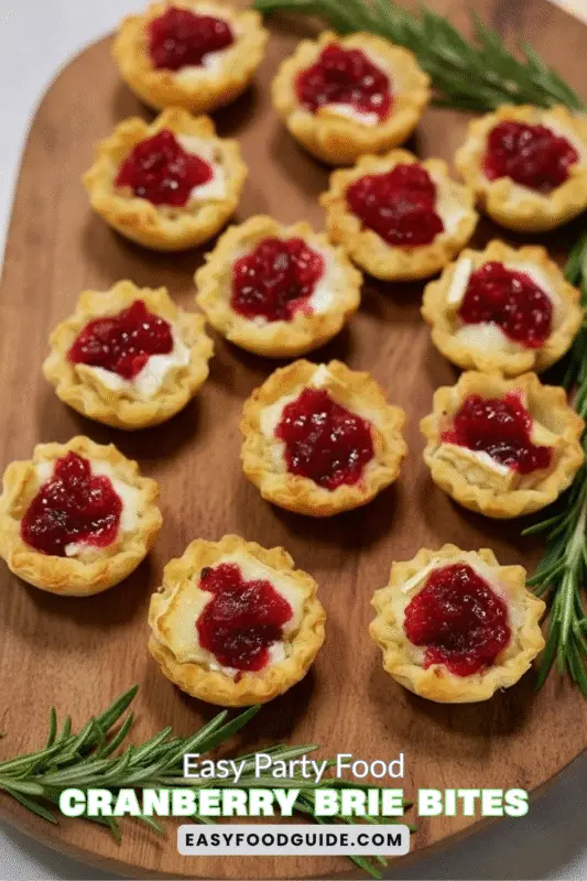 cranberry-brie-bites-2 Golden-brown cranberry brie cups on a tiered serving tray with soft bokeh lighting and scattered fresh cranberries.
