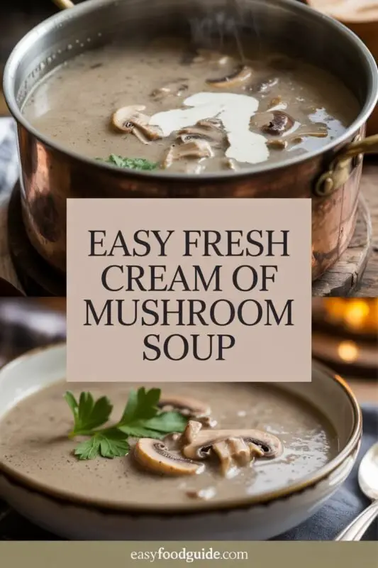 A bowl of creamy mushroom soup garnished with parsley, with fresh mushrooms and bread on the side.