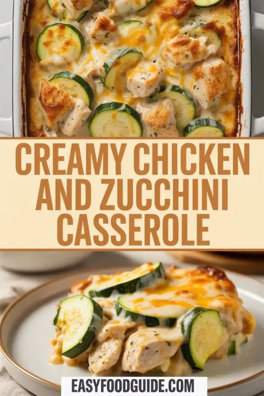 Creamy chicken and zucchini casserole with melted cheese, served in a rustic dish.