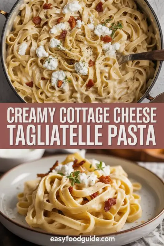 Creamy cottage cheese tagliatelle pasta with bacon and parsley on a rustic wooden table.