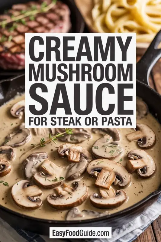 Creamy mushroom sauce over steak, garnished with parsley, on a rustic wooden table.