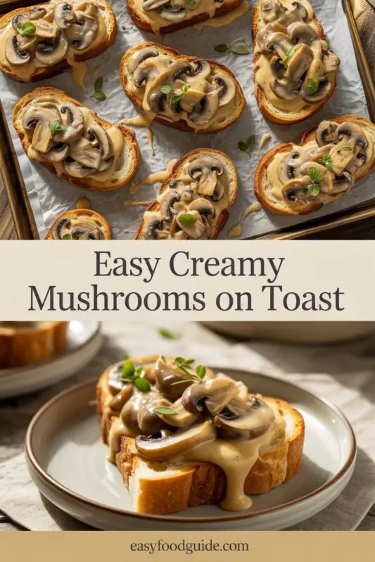 Creamy mushroom toast with garlic mushrooms on rustic bread, garnished with herbs.