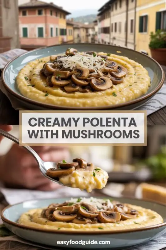 Creamy polenta topped with sautéed wild mushrooms and parsley in a rustic bowl.