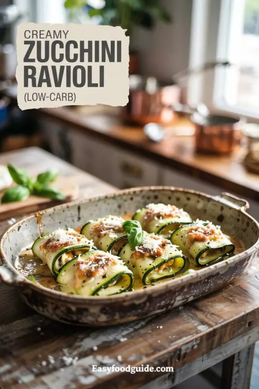Creamy zucchini ravioli with cheese filling, baked in garlic cream sauce, garnished with basil on a rustic table.