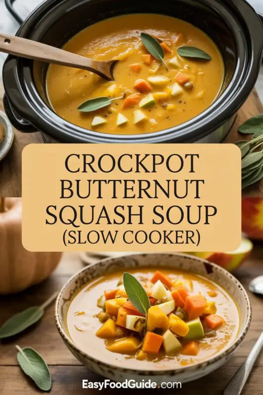 A bowl of creamy butternut squash soup garnished with herbs and cinnamon, with bread on a rustic table.