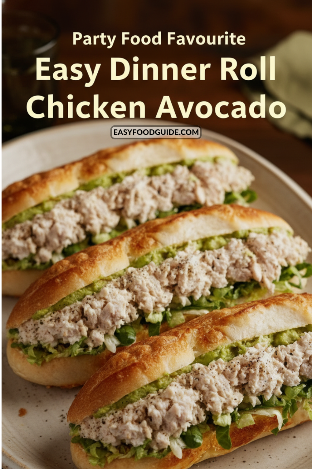 A hearty chicken avocado dinner roll sandwich on a plate, filled with lettuce and chicken salad, garnished with black pepper.