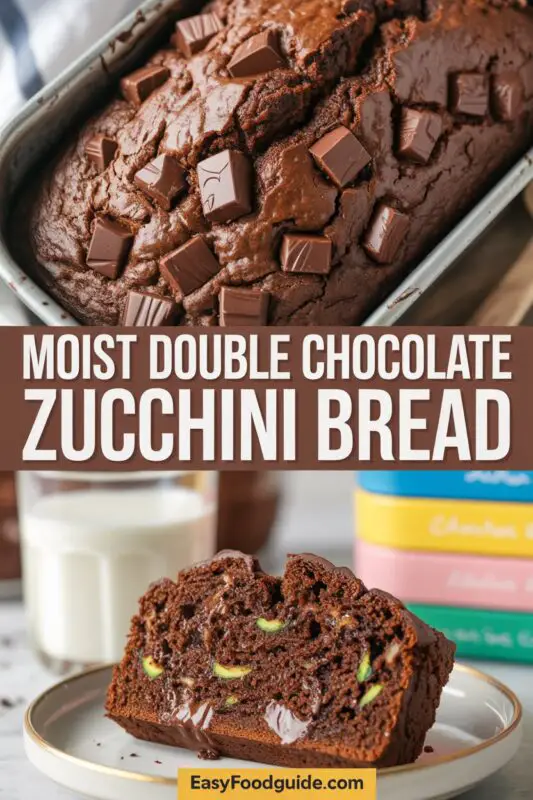 Sliced Double Chocolate Zucchini Bread on a wooden board, showcasing its moist texture and chocolate chips.