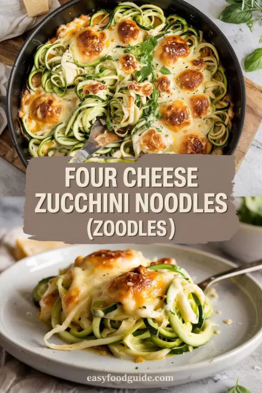 A plate of four cheese zucchini noodles topped with herbs and parmesan, served on a rustic table.