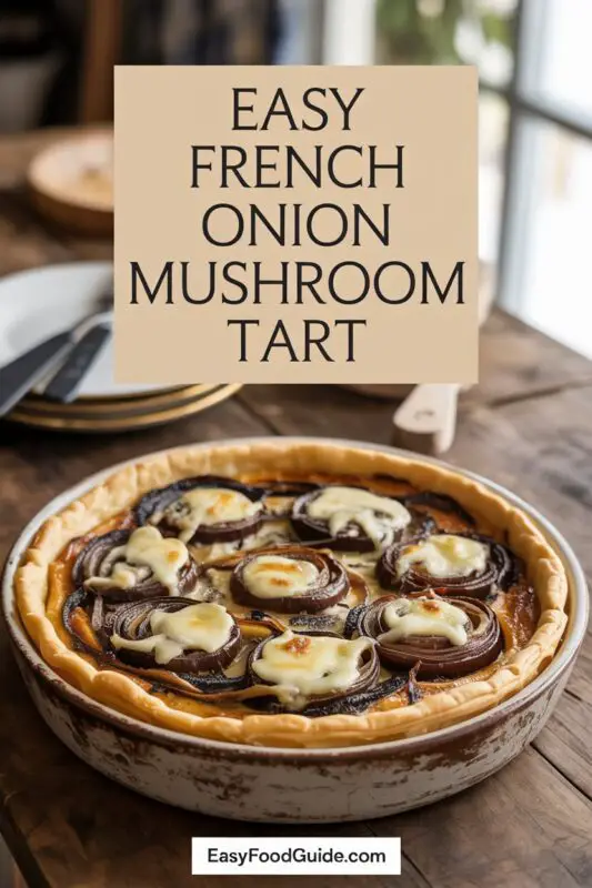 A golden French onion mushroom tart with caramelized onions and Gruyere cheese on a wooden board.