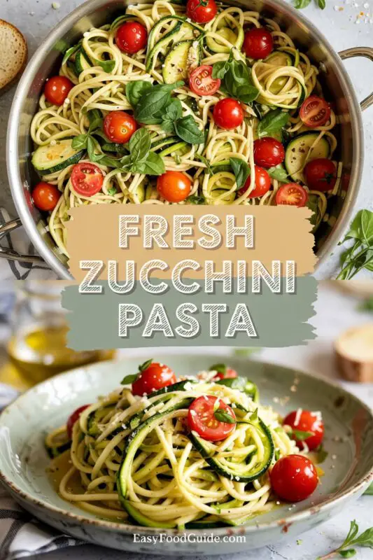 A colorful bowl of zucchini and tomato pasta garnished with basil and Parmesan on a wooden table.