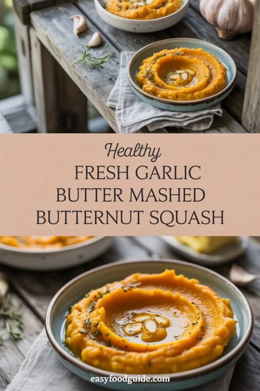 Creamy garlic butter mashed butternut squash in a bowl, garnished with herbs, on a rustic wooden table.