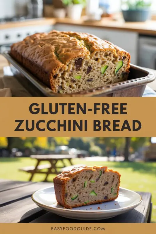A loaf of gluten-free zucchini bread sliced on a cutting board, showcasing its moist texture and green zucchini flecks.