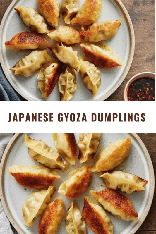 A plate of crispy Japanese gyoza dumplings served with soy sauce and garnished with green onions.