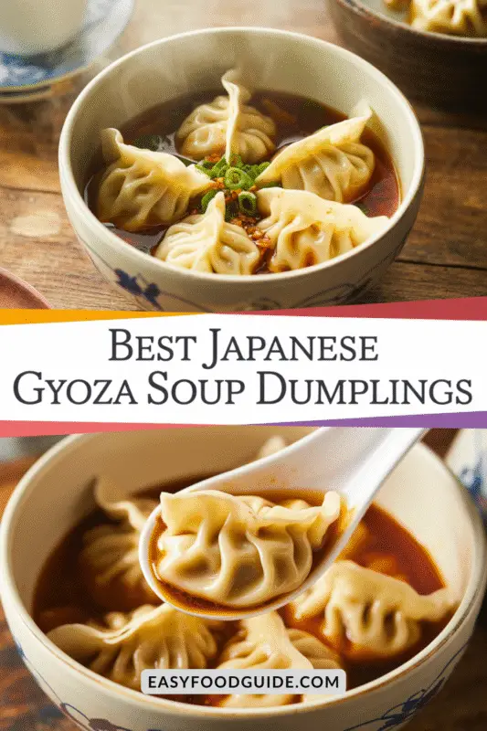 A bowl of gyoza soup with dumplings, green onions, and chili flakes on a rustic table.