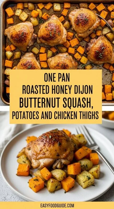 One pan roasted honey Dijon chicken thighs with butternut squash and potatoes, garnished with herbs.