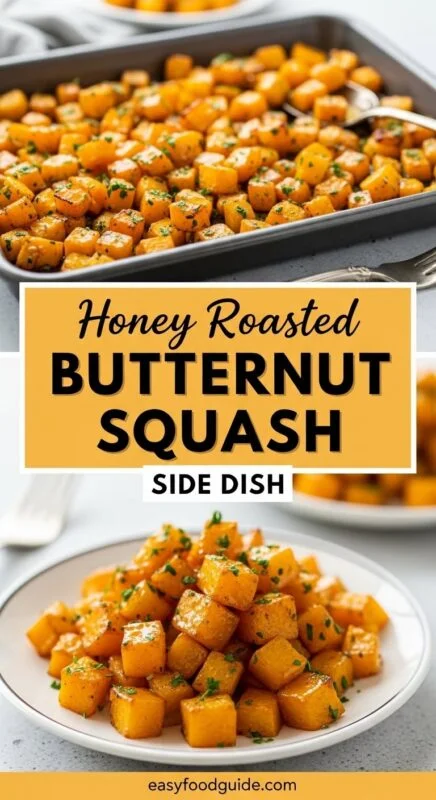 Honey roasted butternut squash cubes garnished with thyme on a rustic table.