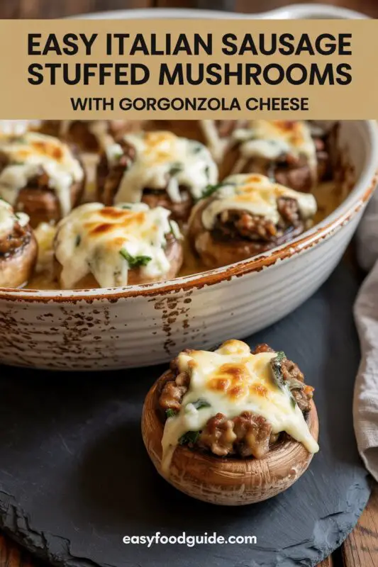 A delicious platter of Italian sausage stuffed mushrooms with Gorgonzola cheese, garnished with parsley on a rustic table.