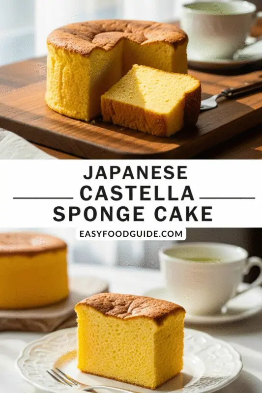 A slice of Japanese Castella Sponge Cake on a wooden board with a cup of green tea in the background.