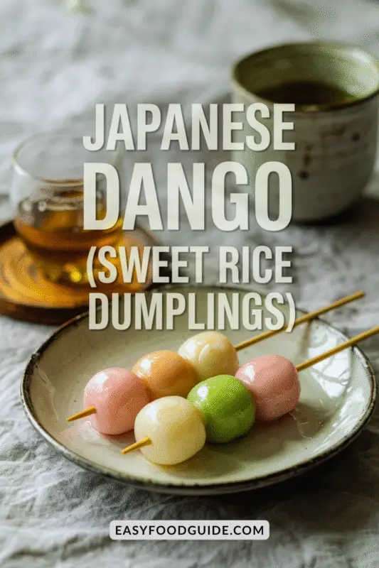 Colorful Dango skewers drizzled with sweet sauce on a rustic wooden board.