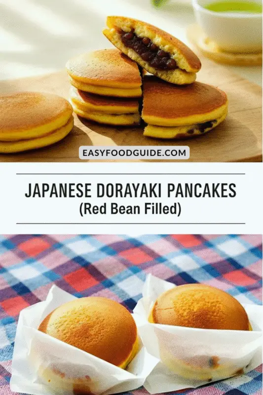 Golden-brown Dorayaki pancakes filled with red bean paste on a wooden board with green tea.